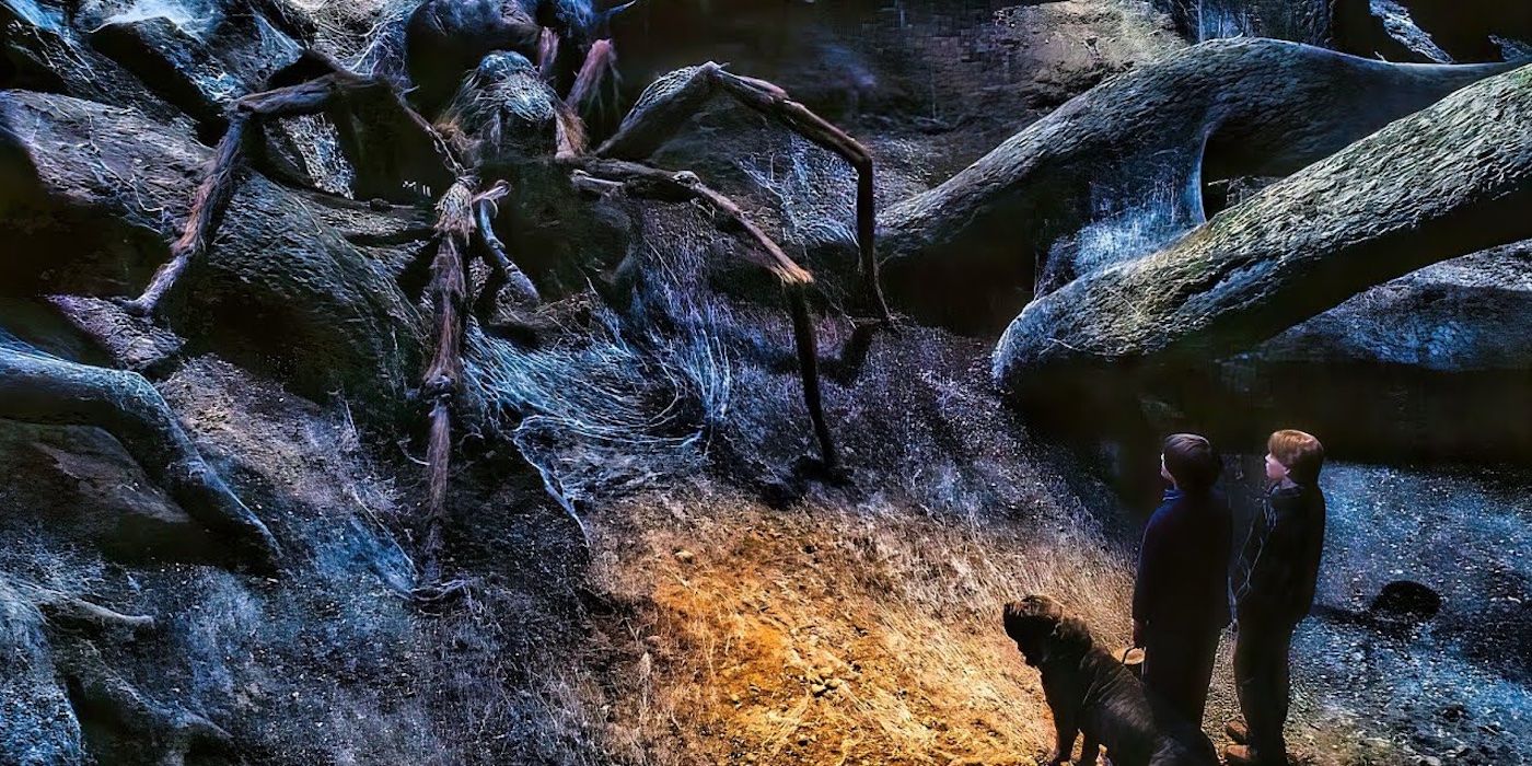 Harry Potter (Daniel Radcliffe) and Ron Weasley (Rupert Grint) meet the large talking spider Aragog in 'Harry Potter and the Chamber of Secrets'