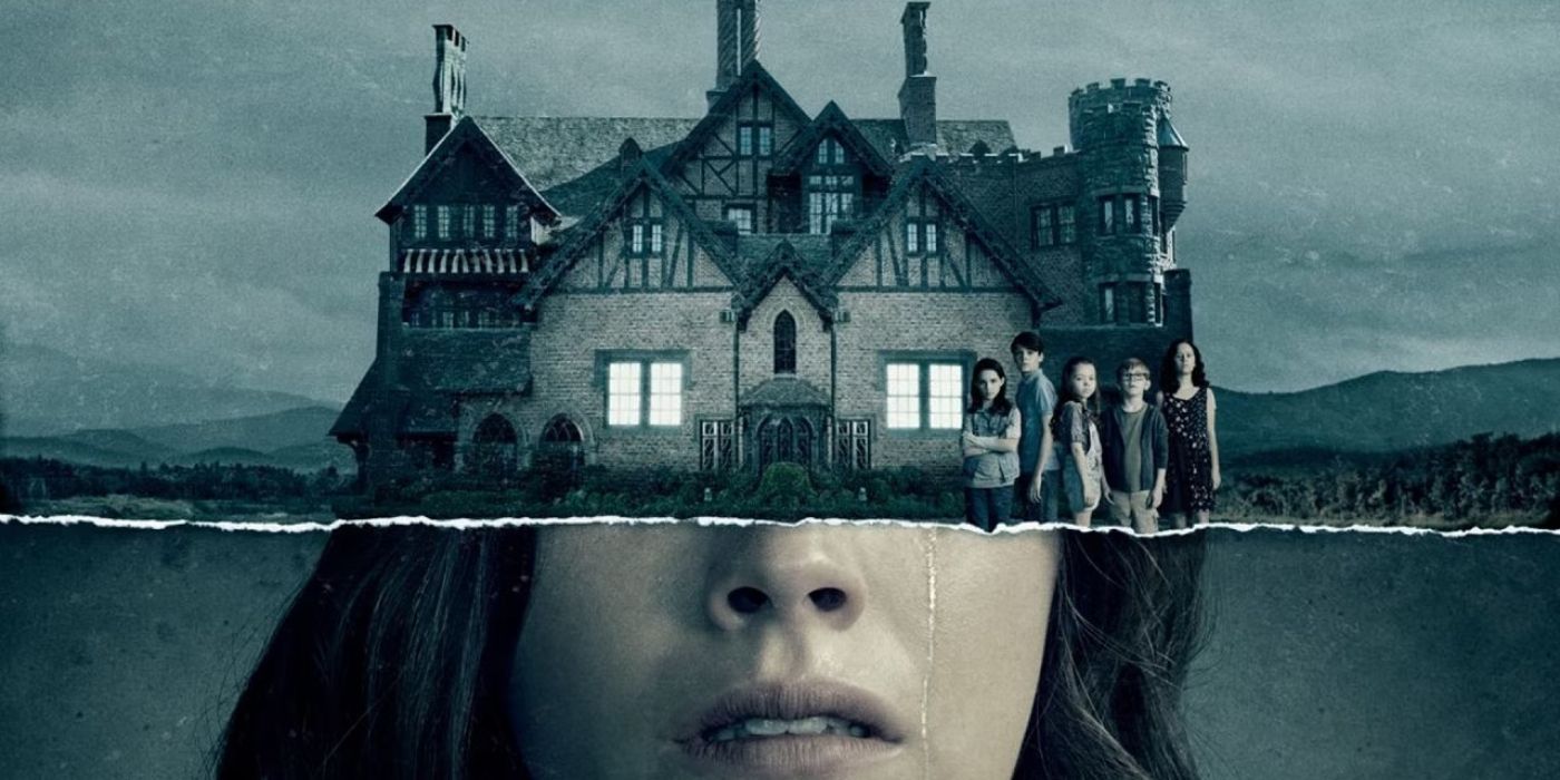 Promotional image for 'The Haunting of Hill House' showing a manor and the mouth of woman.