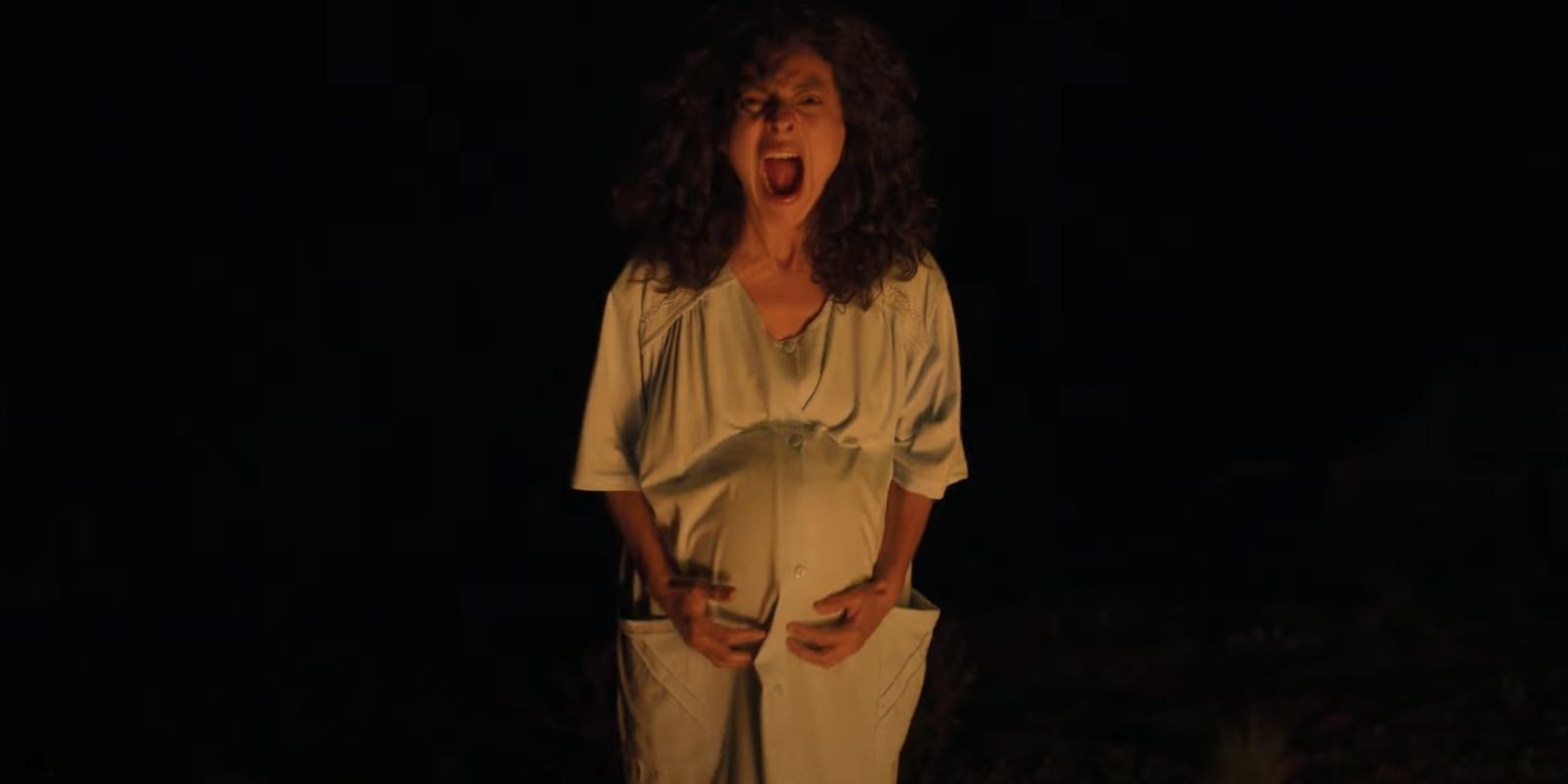 Tete Espinoza as Marce, pregnant, holding her belly and screaming at the camera in Disappear Completely