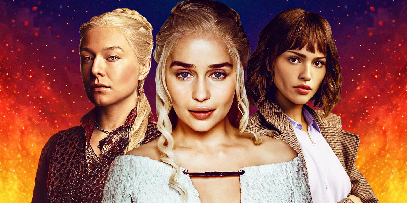 A custom image of Emma D'Arcy as Rhaenyra Targaryen, Emilia Clarke as Daenerys Targaryen, and Eiza Gonzalez as Auggie Salazar