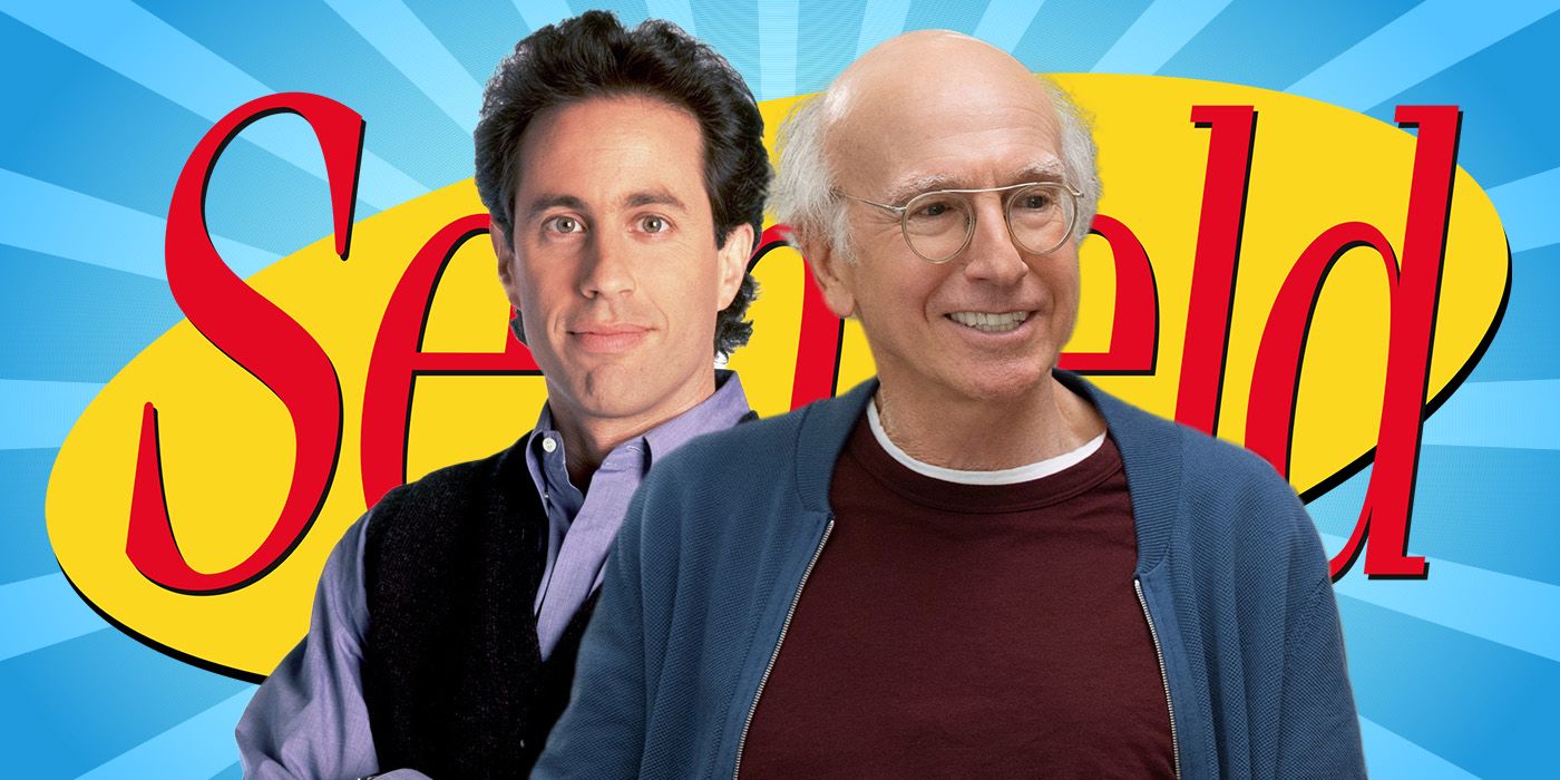 Jerry Seinfeld and Larry David in front of a 'Seinfeld' logo
