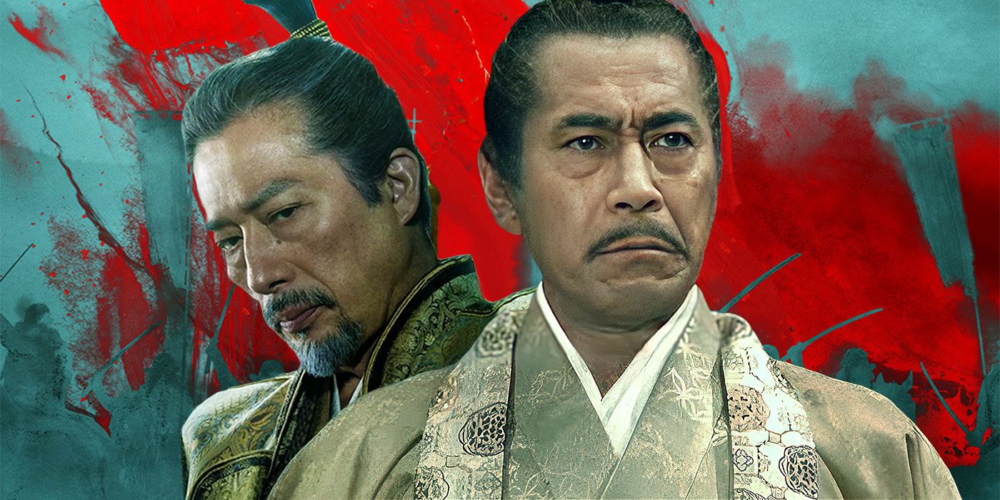 The two actors who have played Lord Toranaga in both versions of Shogun, Toshiro Mifune and Hiroyuki Sanada, standing in front of a red and green background 