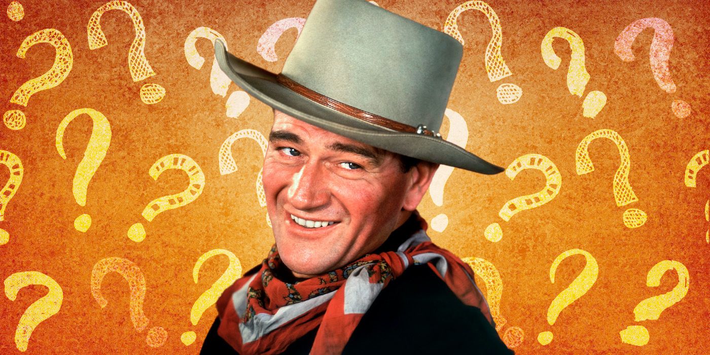 A custom image of John Wayne wearing a cowboy hat against a background with question marks