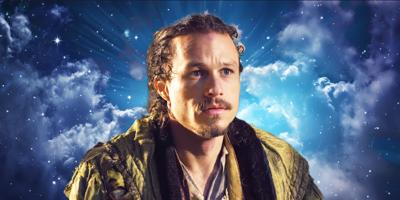 Heath Ledger as Tony in The Imaginarium of Doctor Parnassus, superimposed on a celestial background