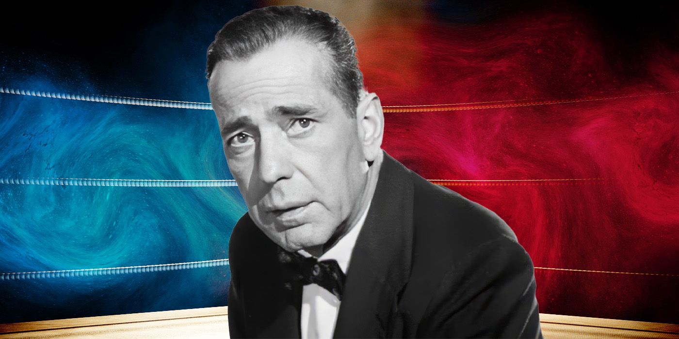 Custom image of Humphrey Bogart as Eddie Willis in The Harder They Fall against a blue and red boxing ring