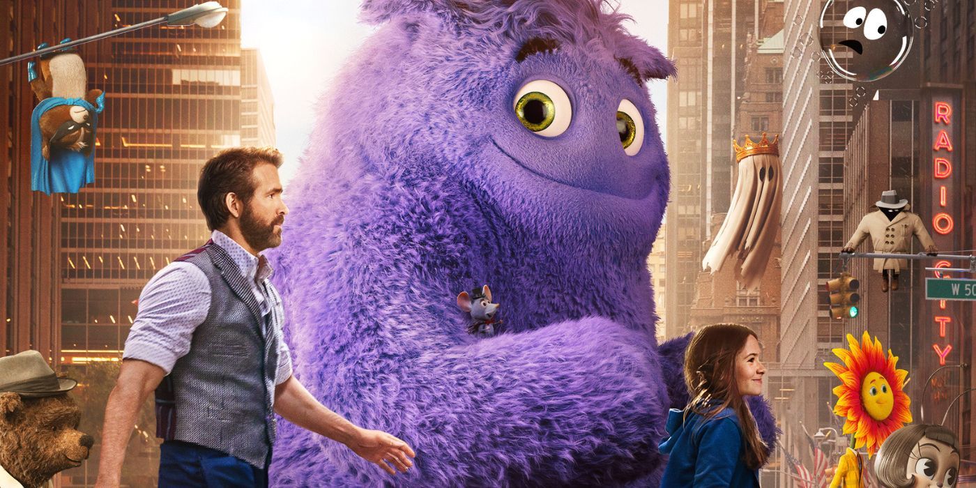 Ryan Reynolds and Cailey Fleming walking alongside Imaginary Friends on the poster for IF.
