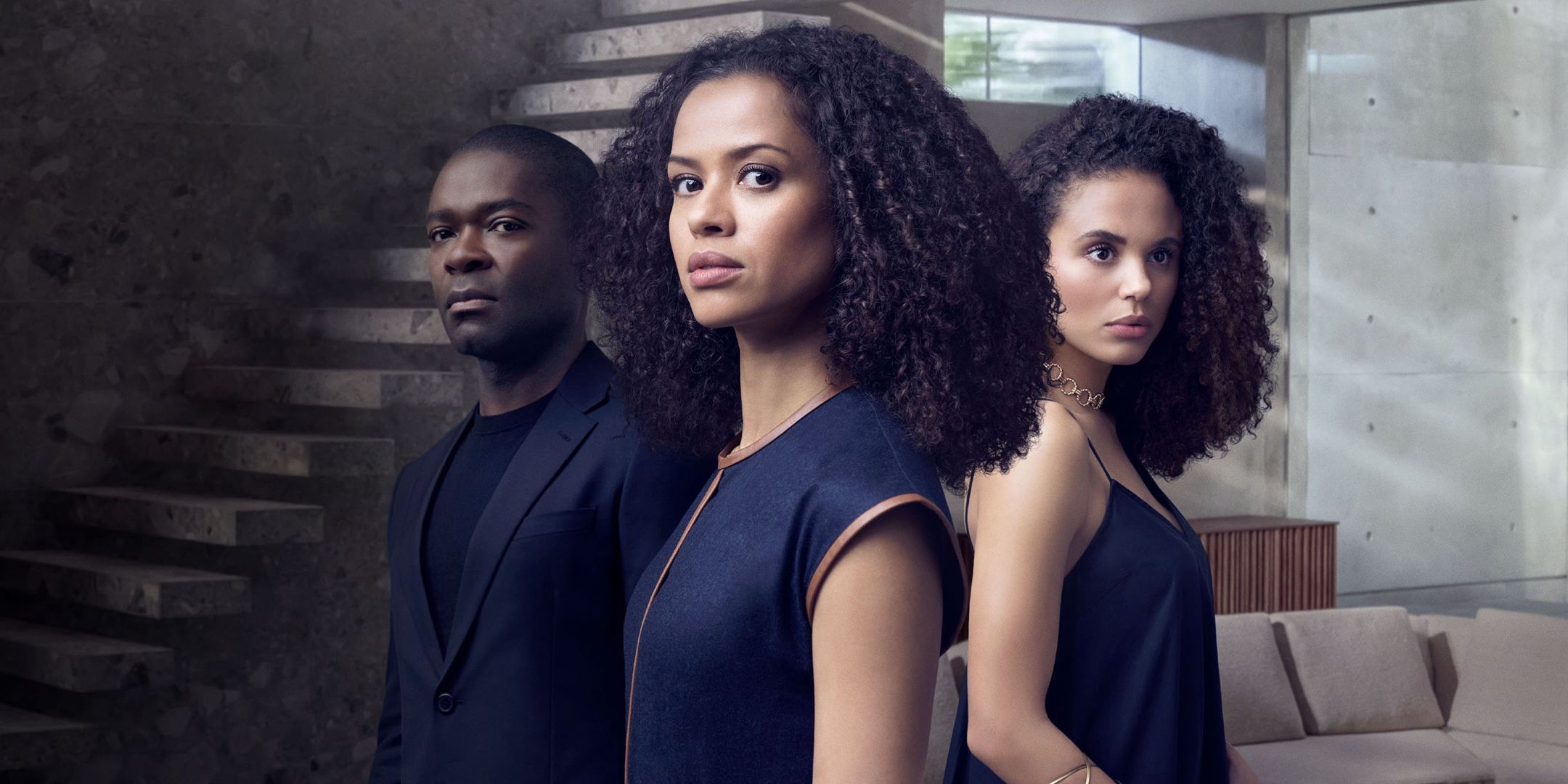Gugu Mbatha Raw as Jane, Jessica Plummer as Emma and David Oyelowo as Edward in The Girl Before BCC series poster.