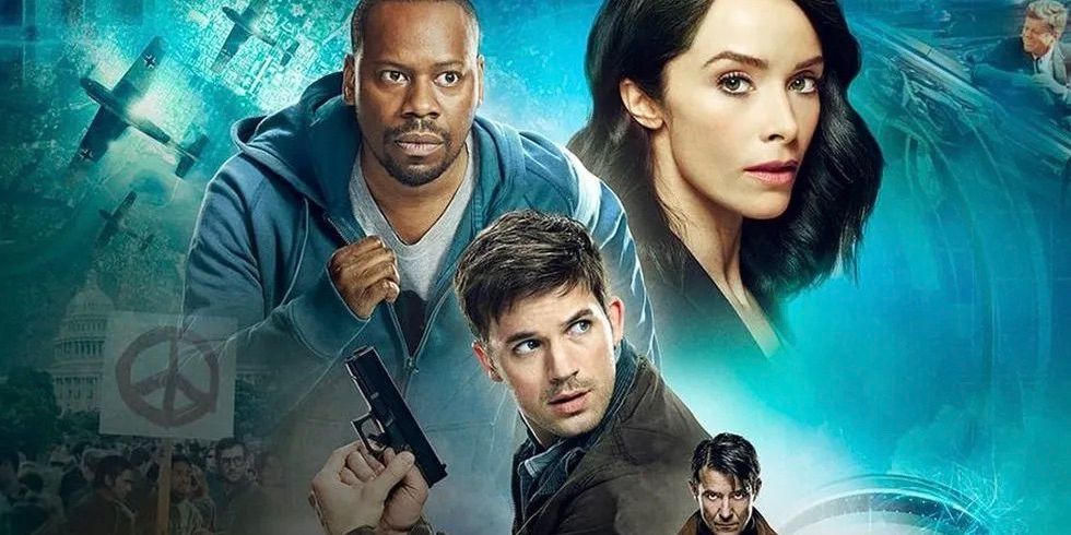 Malcolm Barrett as Rufuf Carlin, Matt Lanter as Wyatt Logan, Gorin Visnjic as Garcia Flynn, and Abigail Spencer as Lucy Preston in Timeless