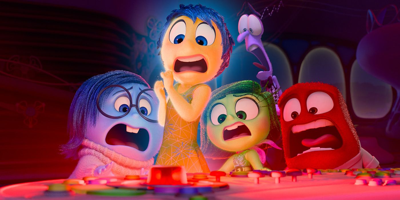 Joy, Sadness, Fear, Anger, and Disgust looking at a new control panel button in terror in Inside Out 2