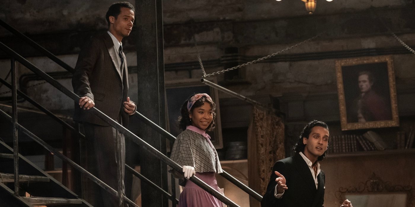 Jacob Anderson, Delainey Hayles, and Assad Zaman standing on a staircase in Interview with the Vampire Season 2