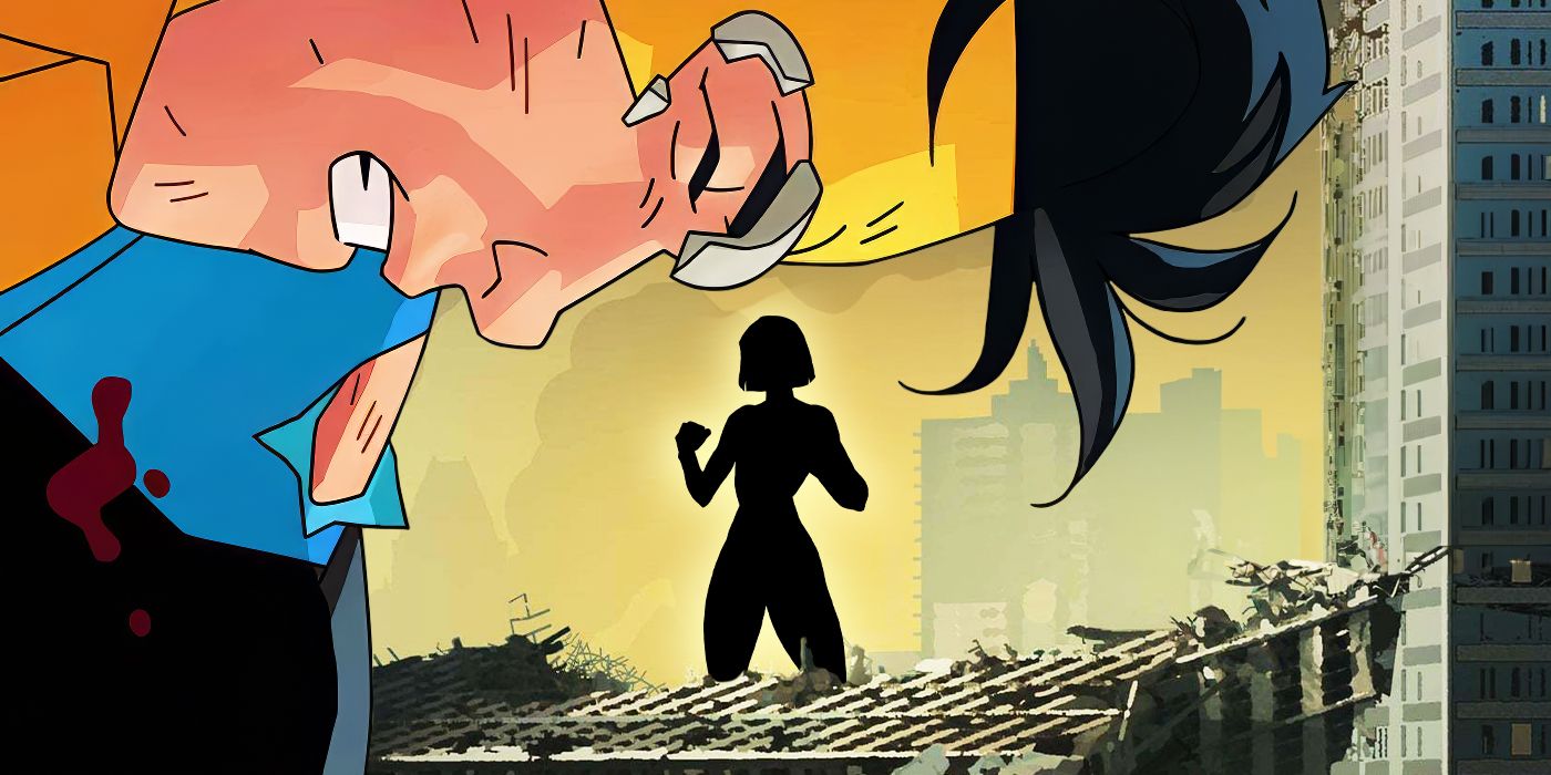 Invincible's bloody face in the foreground and a silhouette of Dupli-Kate behind him near a broken building