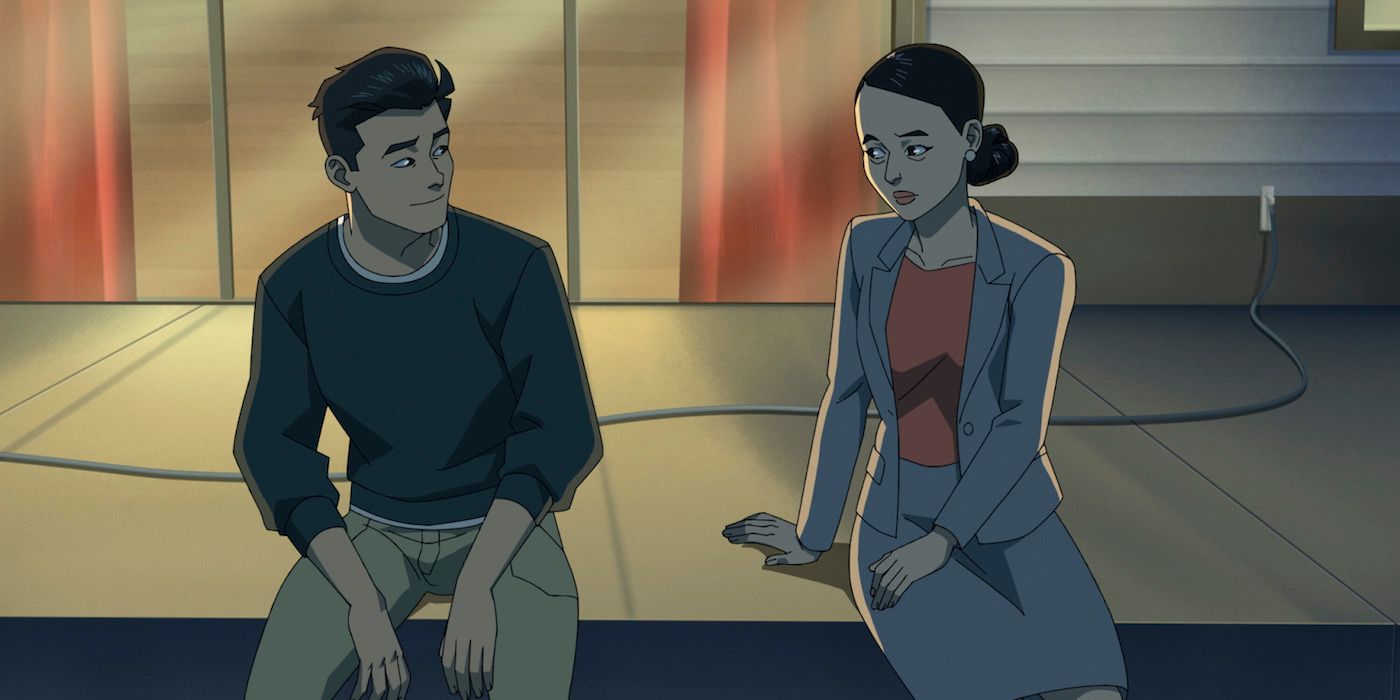 Mark sits outside with his mother Debbie in Invincible Season 2.