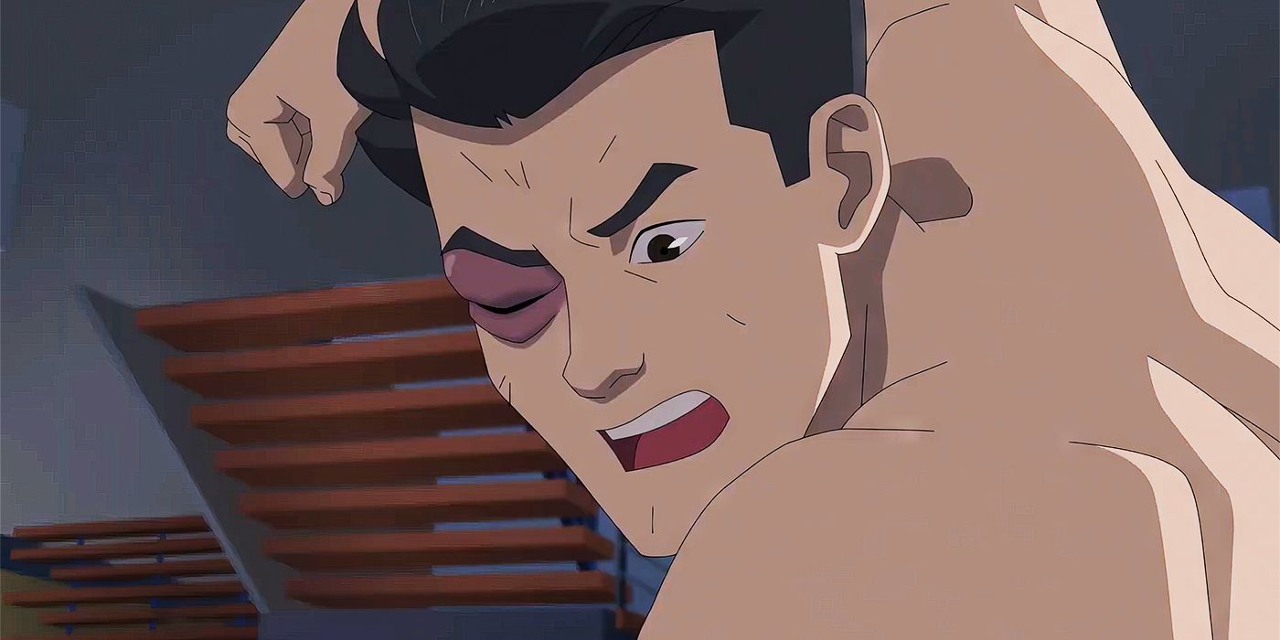 A shirtless and bruised Mark Grayson throwing a punch in Invincible Season 2.