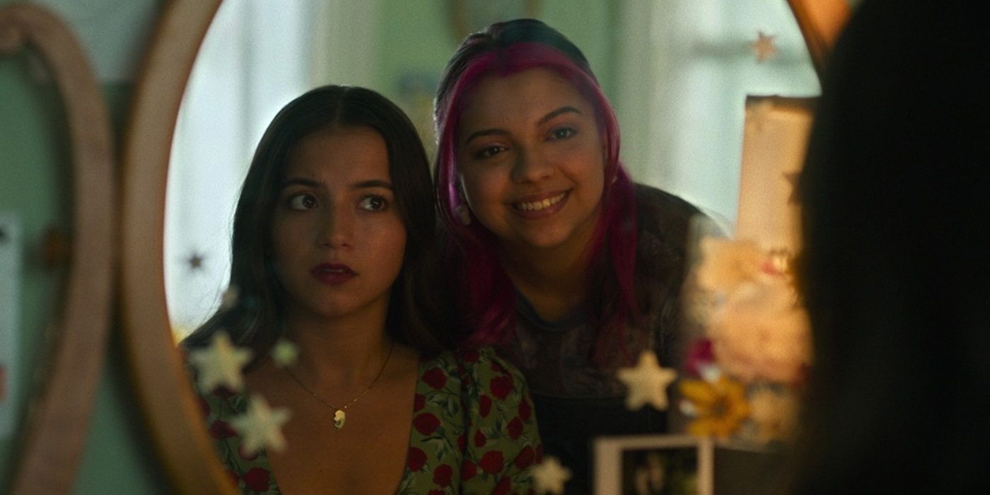 Isabela Merced and Cree Cicchino, looking at the mirror as Aza Holmes and Daisy Ramirez, in Turtles All The Way Down
