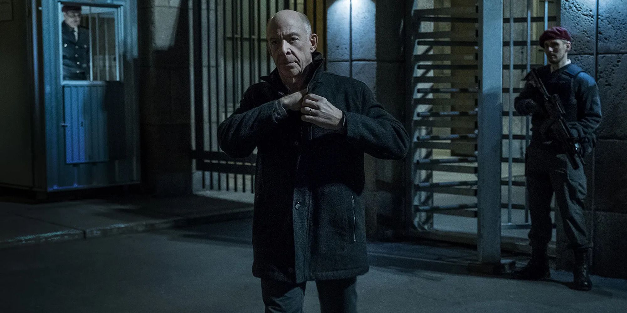 J.K. Simmons exiting a building with an armed security guard in &lsquo;Counterpart&rsquo;