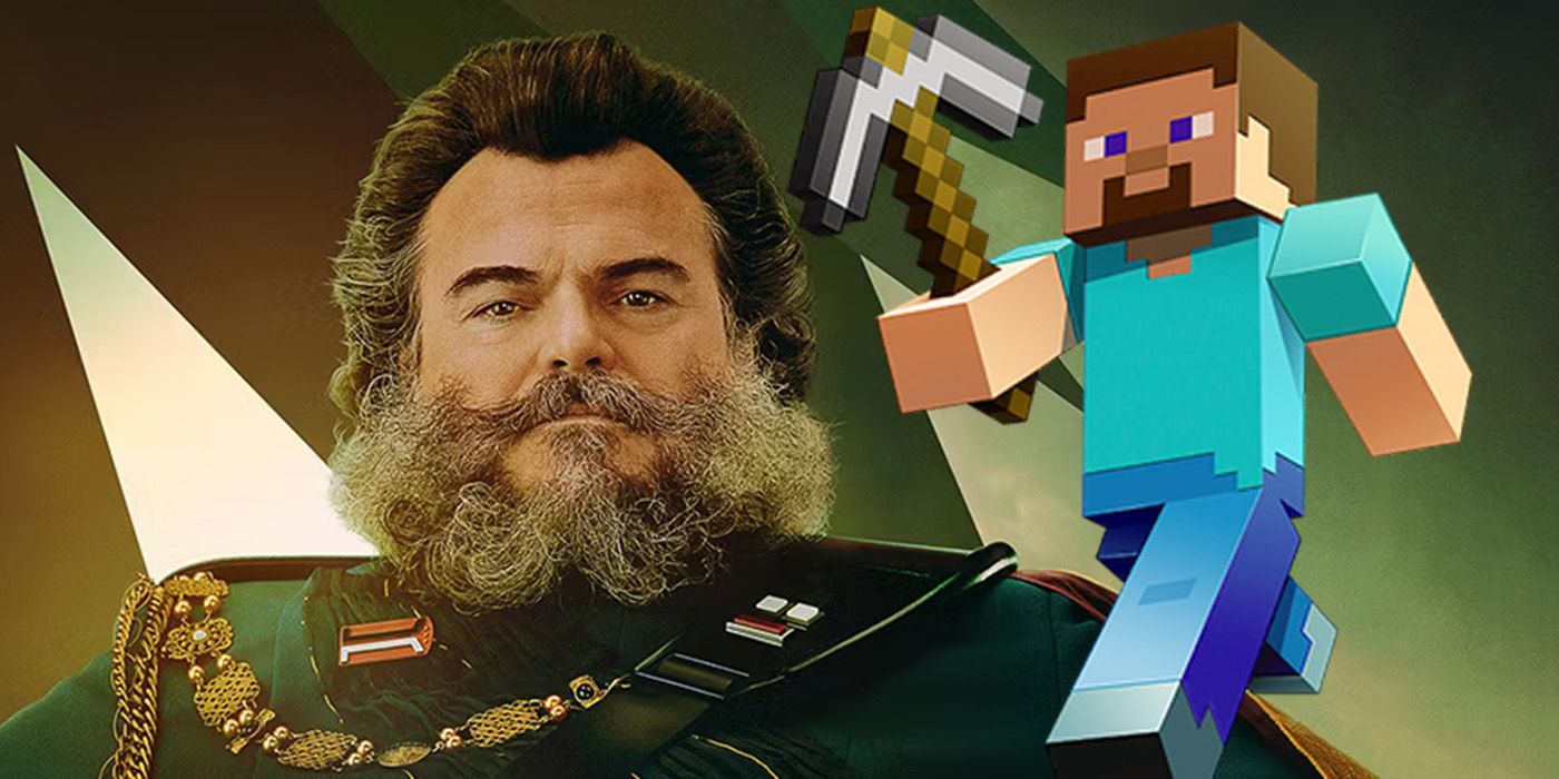 Jack Black in a poster from the Mandalorian with an image of Steve from Minecraft