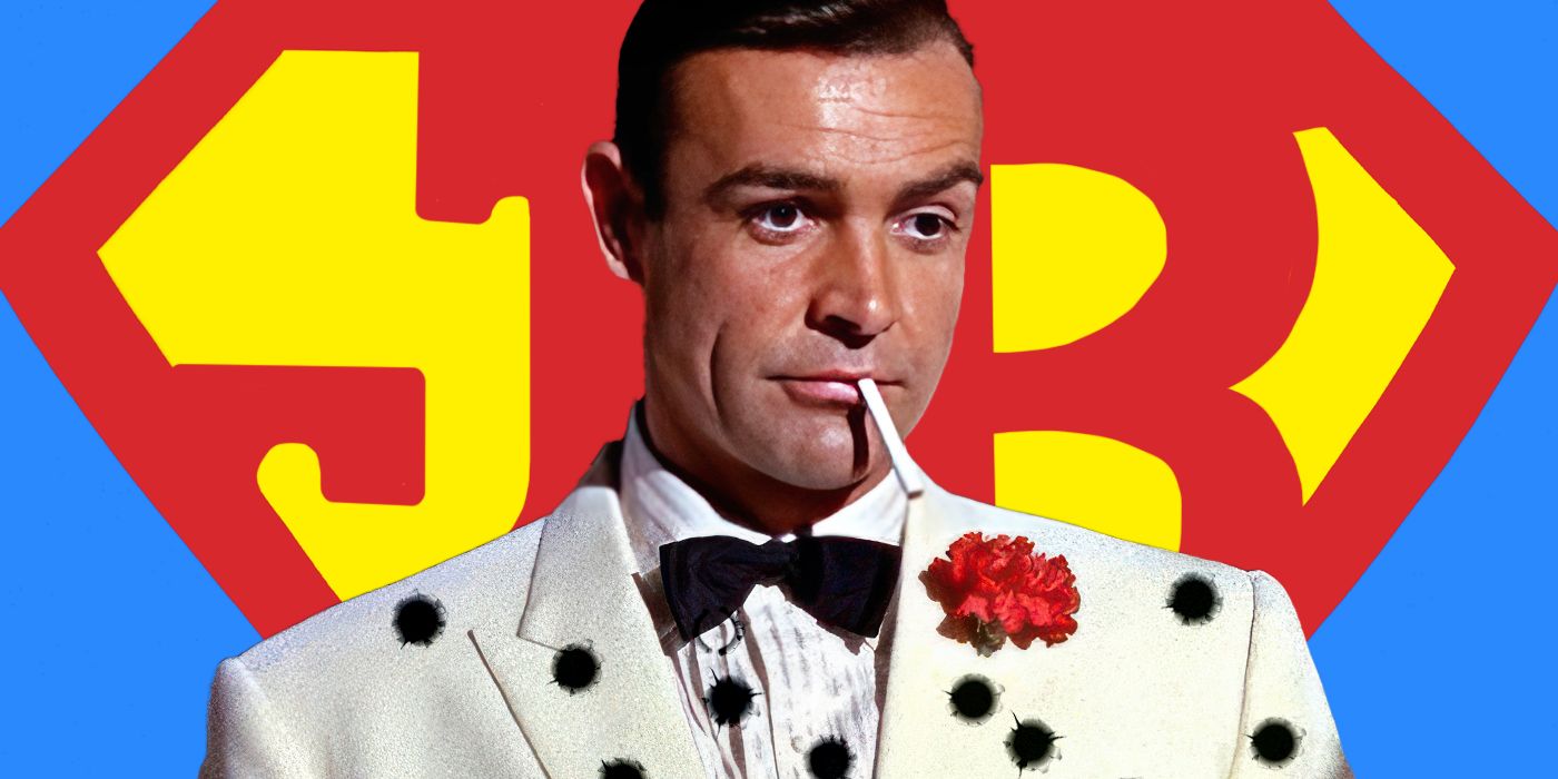 James Bond with bullet holes in his suit and a JB Superman logo in the background