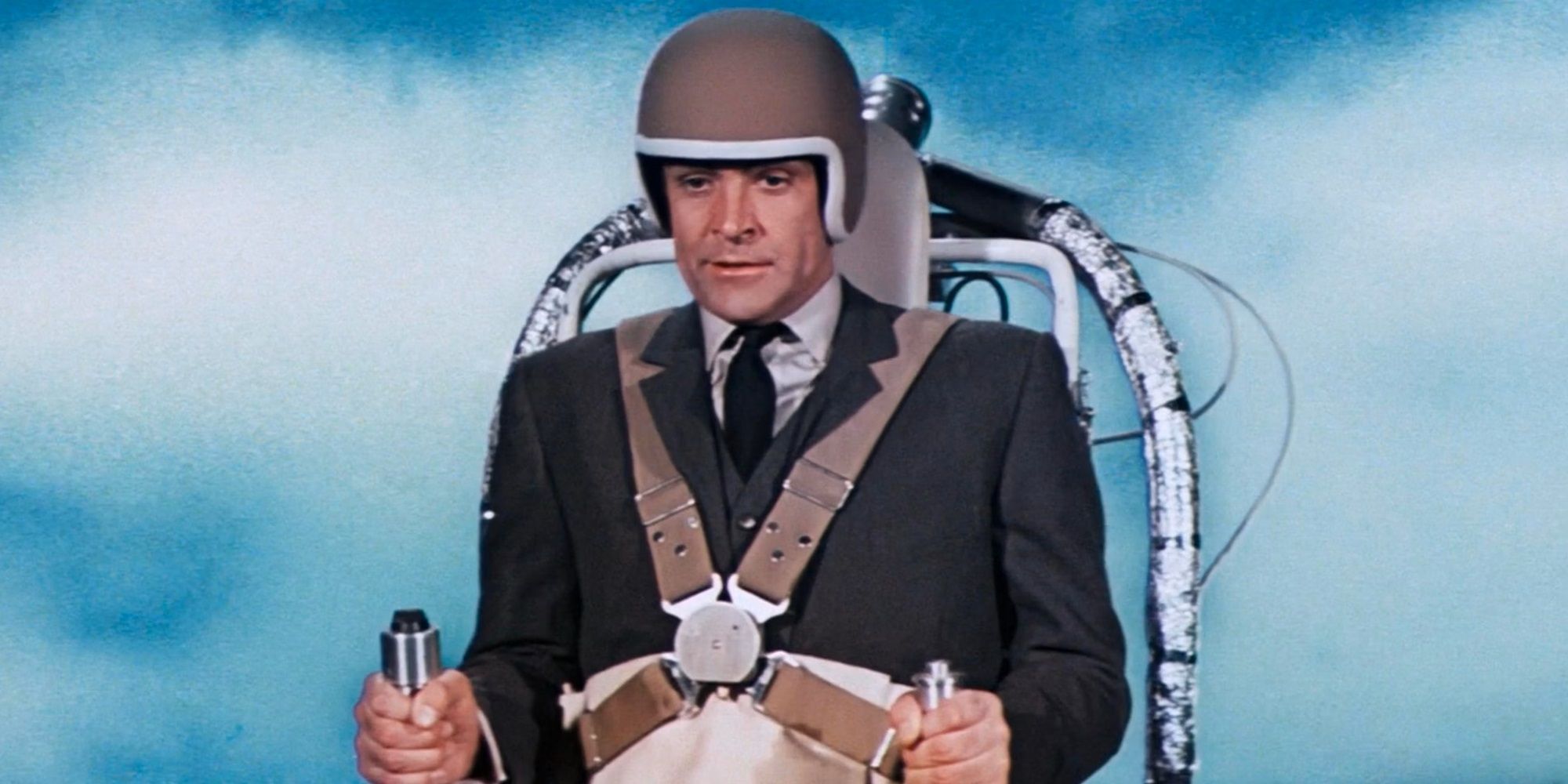 Sean Connery as James Bond uses a jetpack in 'Thunderball' (1965)