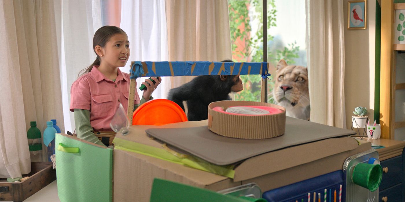 A young girl calls for backup as her chimpazee friend spots a lion lurkin at the window in Jane Season 2