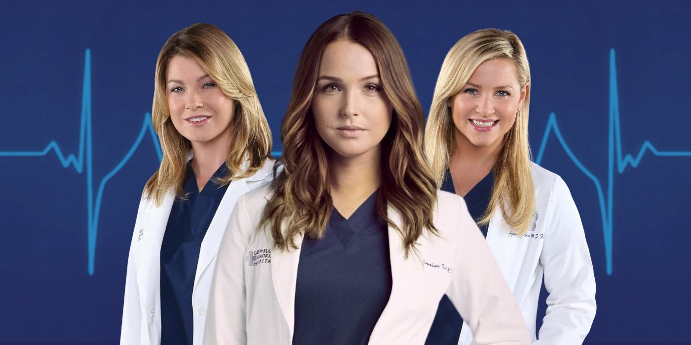 Camilla Luddington standing next to Ellen Pompeo and Jessica Capshaw wearing scrubs in front of a heart rate monitor.