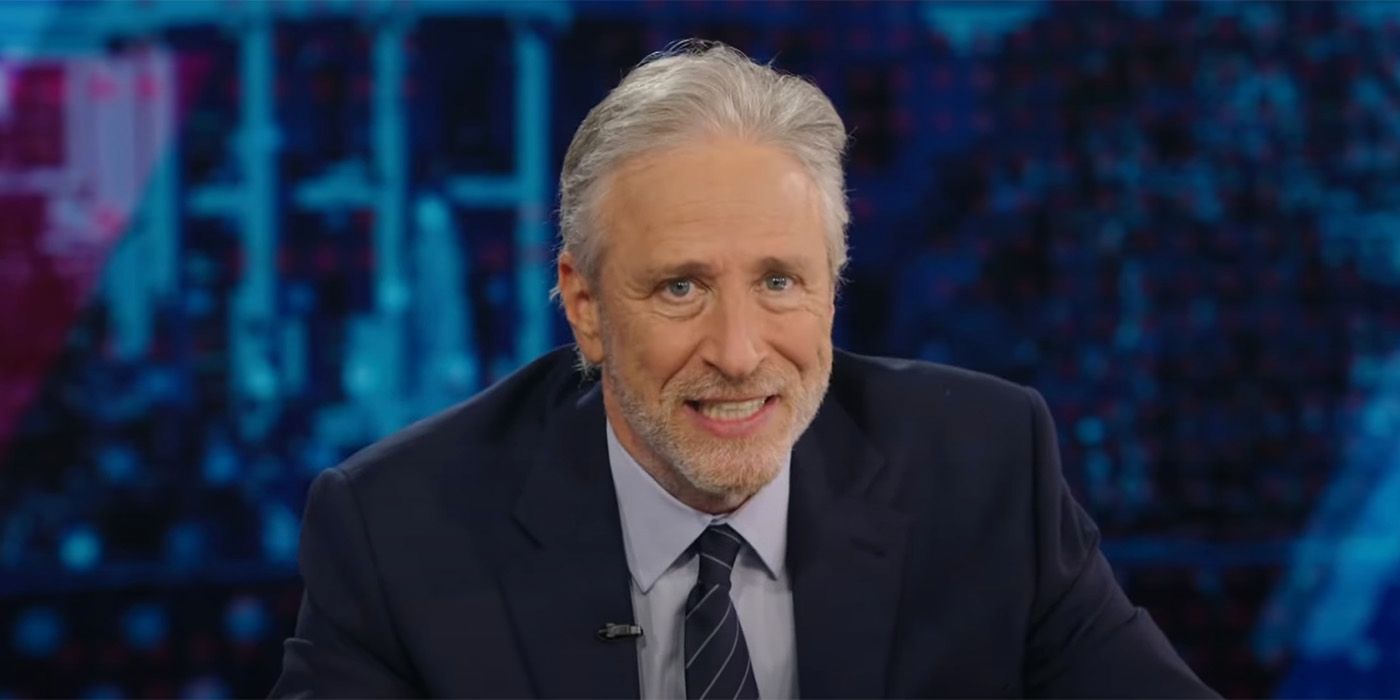 Jon Stewart looking directly into the camera while speaking on an episode of The Daily Show