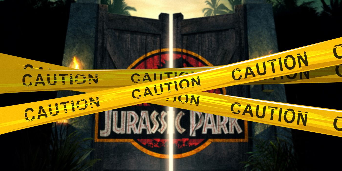the gates of Jurassic Park with Caution tape surrounding them