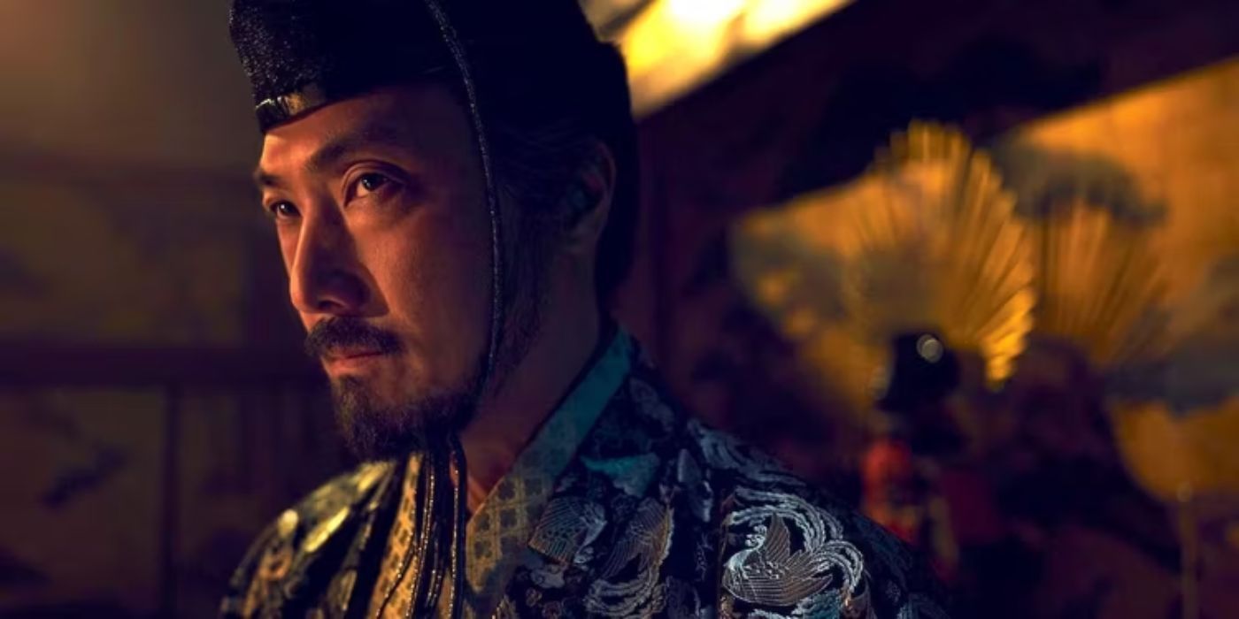 Lord Kazunari looking at something off-camera with a bored expression in Shogun