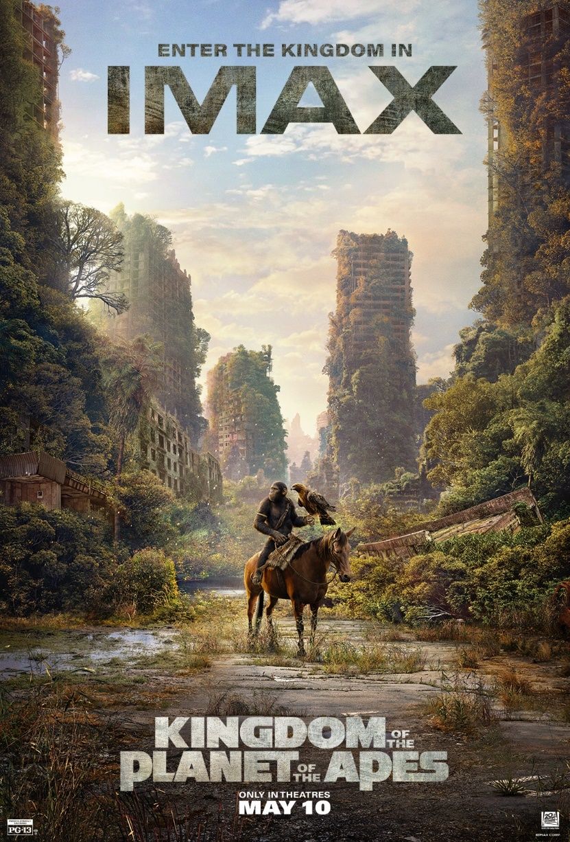 A young ape sits on a horse with a falcon on their arm in front of an overgrown city skyline