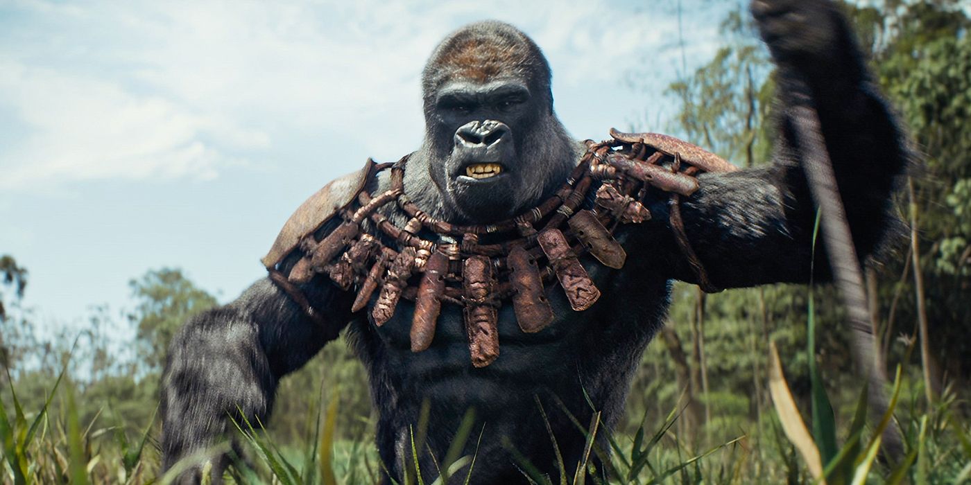 An armored gorilla rises from tall grass wielding a weapon