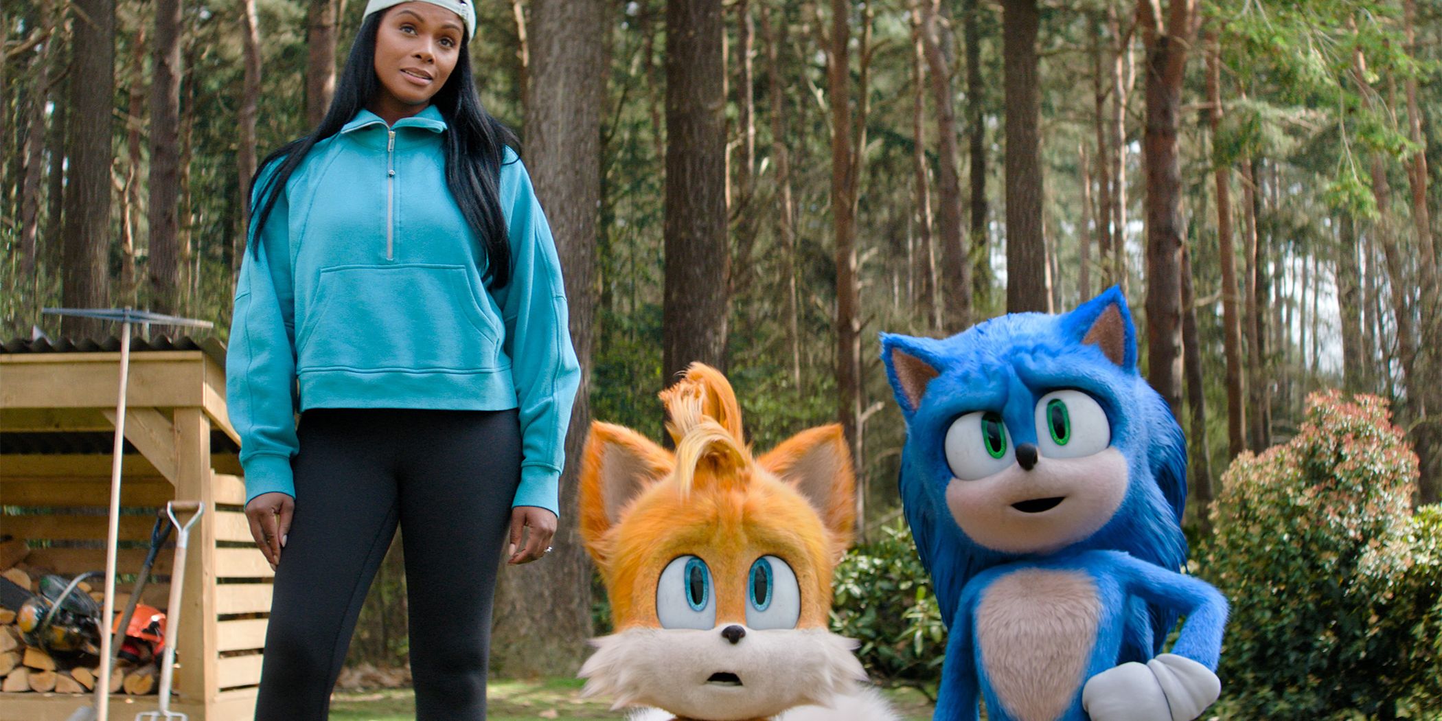 Maddie, Tails, and Sonic look up at something off-camera outside in front of a wood shed and trees