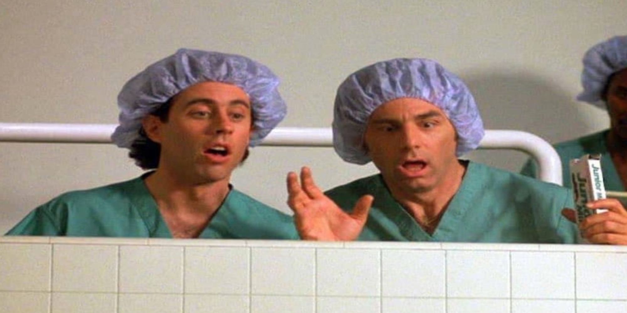 Kramer, played by Michael Richards, and Jerry, played by Jerry Seinfeld, watch a Junior Mint fall into a patient's stomach