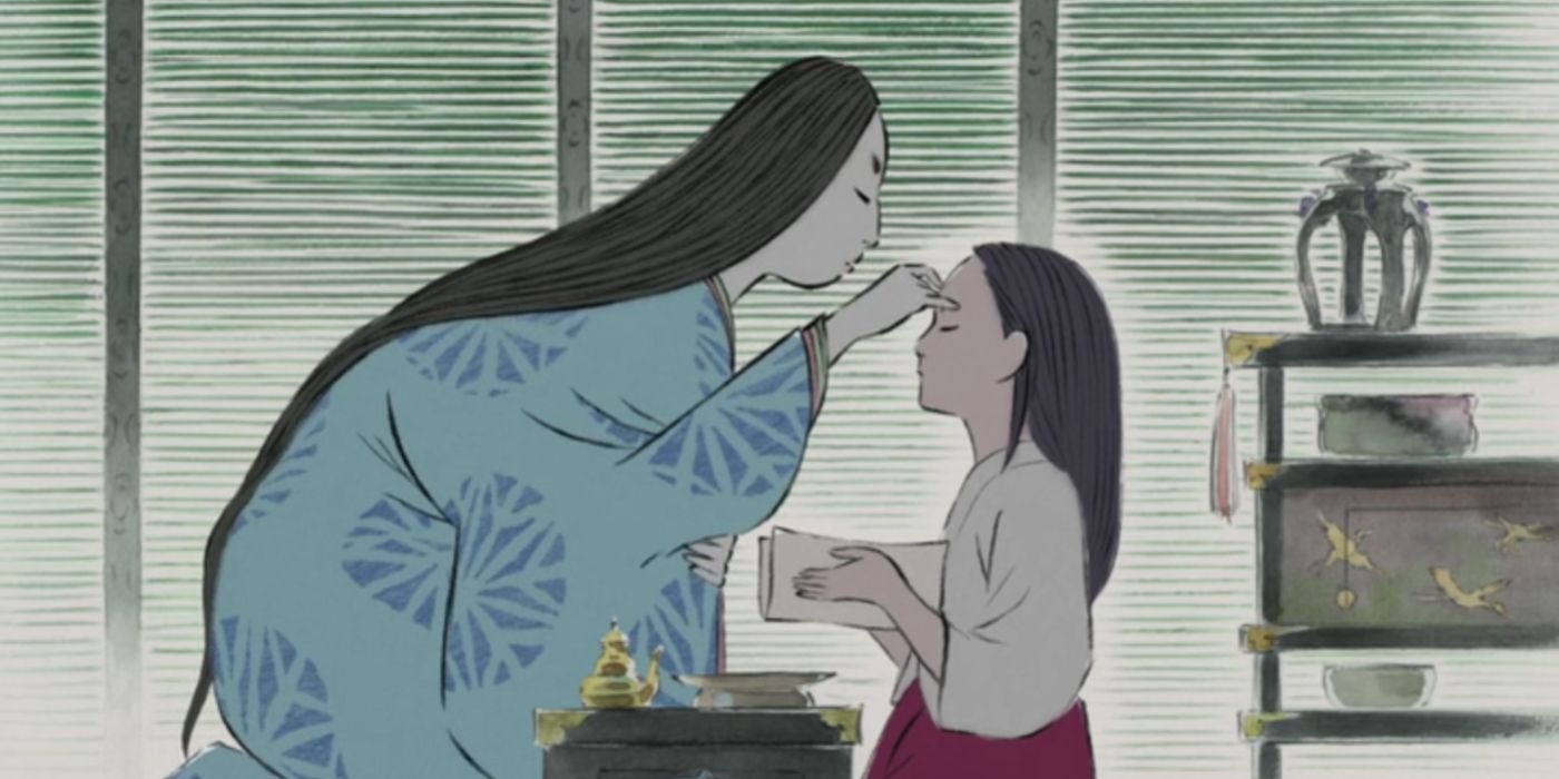 Lady Sagami touching up Kaguya's face in The Tale of Princess Kaguya