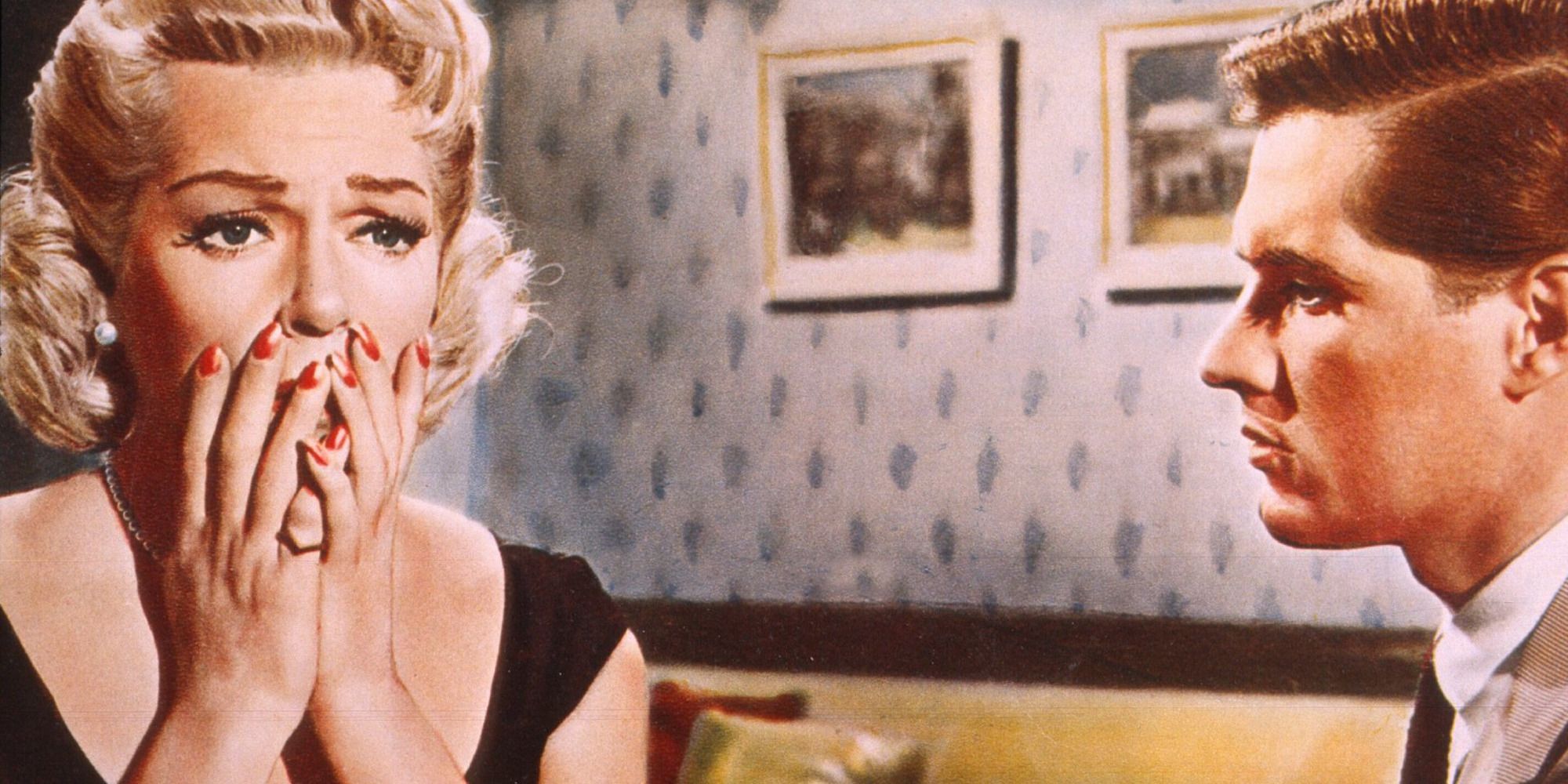 John Gavin looking at a mortified Lana Turner covering her mouth in Douglas Sirk&rsquo;s &lsquo;Imitation of Life&rsquo; (1959)