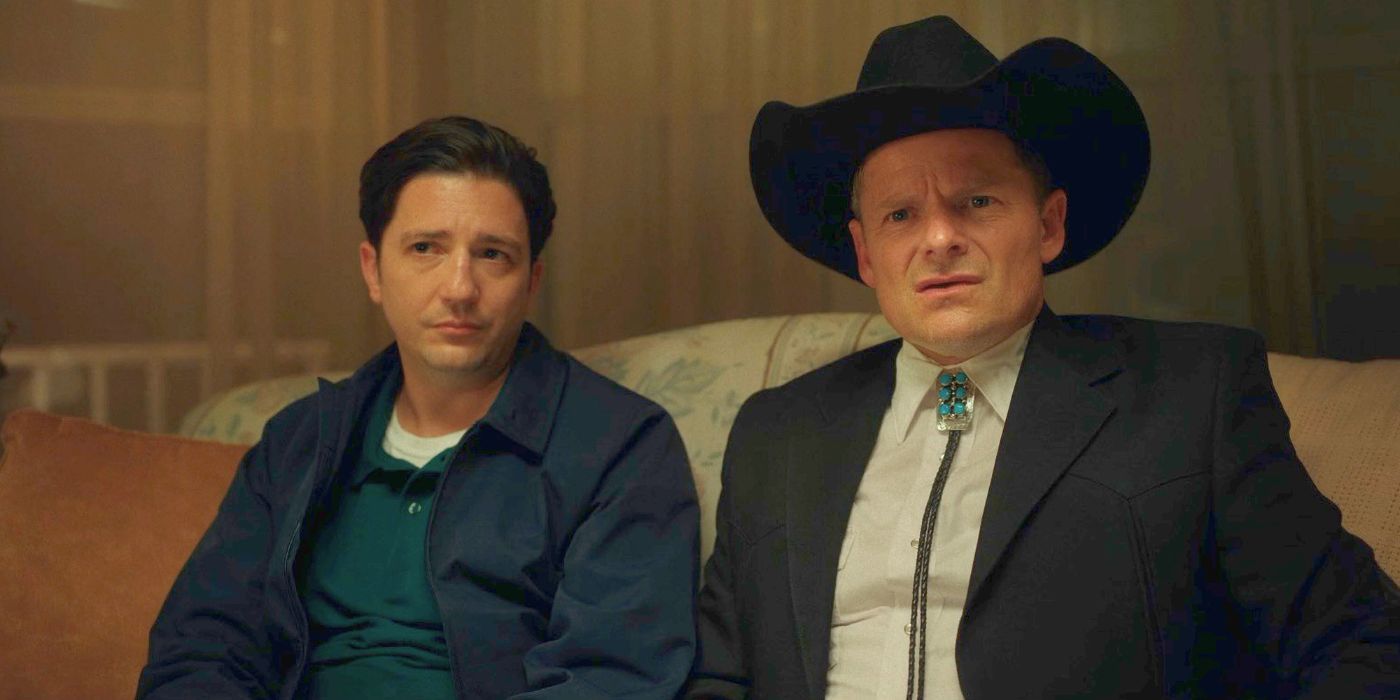 John Magaro and Steve Zahn awkwardly sitting on a couch as Ray and Skip in LaRoy, Texas.