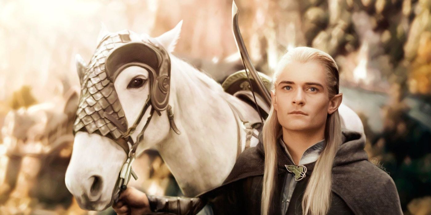 Legolas (Orlando Bloom) stands next to a white horse with his bow across his back