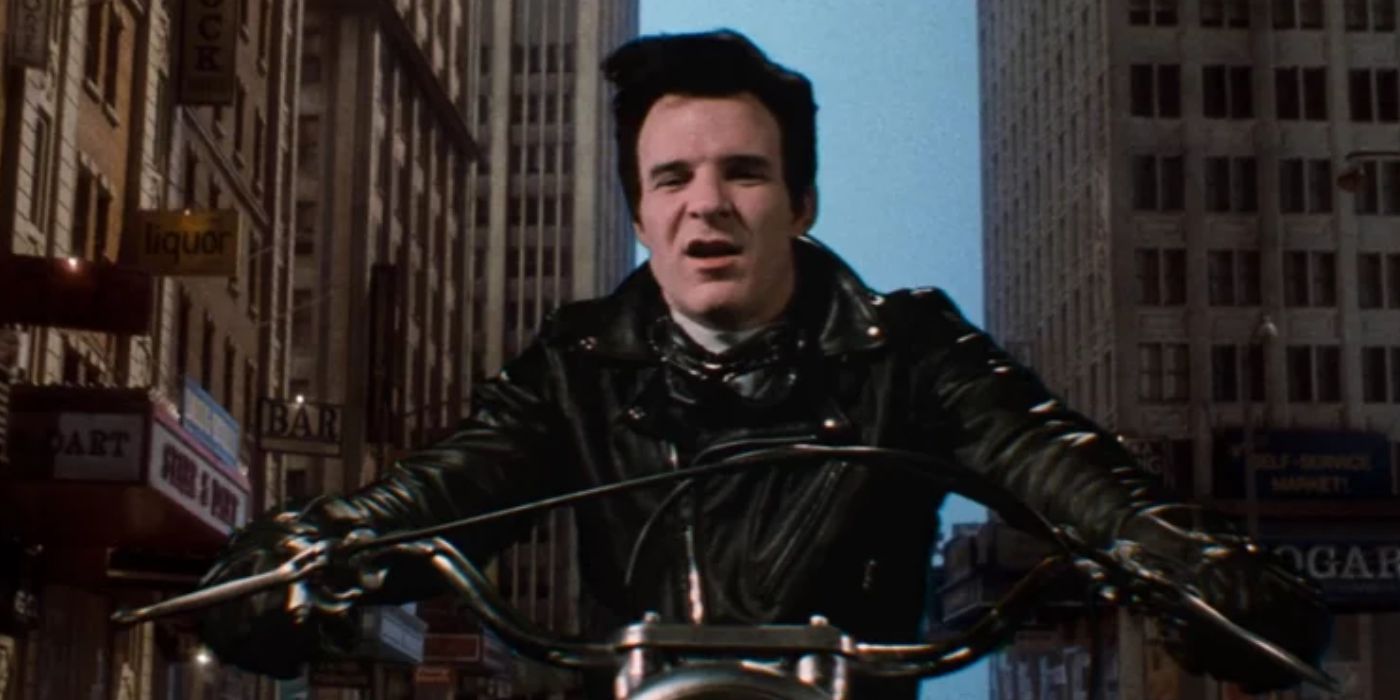 Orin Scrivello (Steve Martin) rides his motorcycle in the city. 