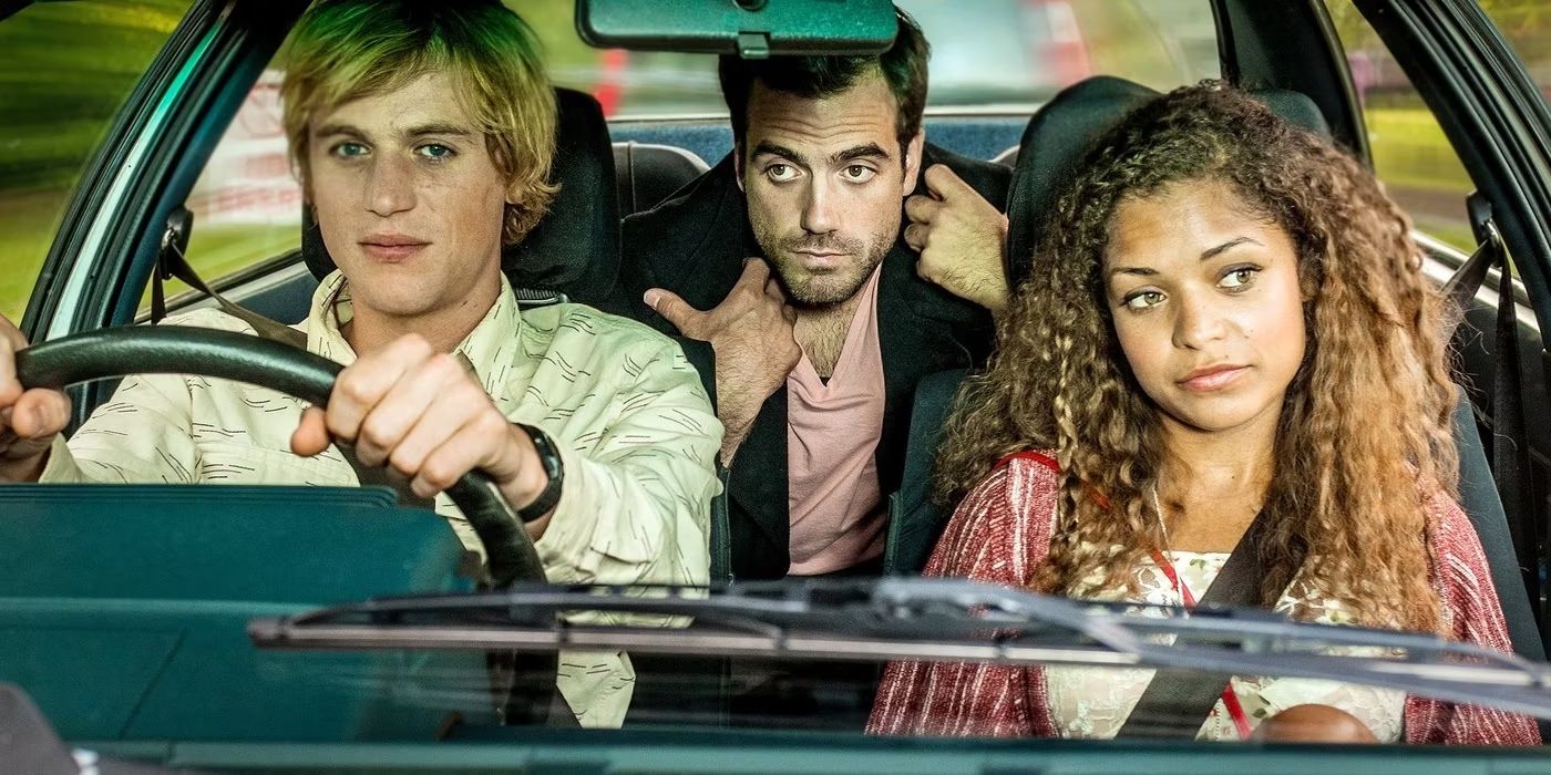 Johnny Flynn, Daniel Ings, Antonia Thomas sitting in a car together in Lovesick