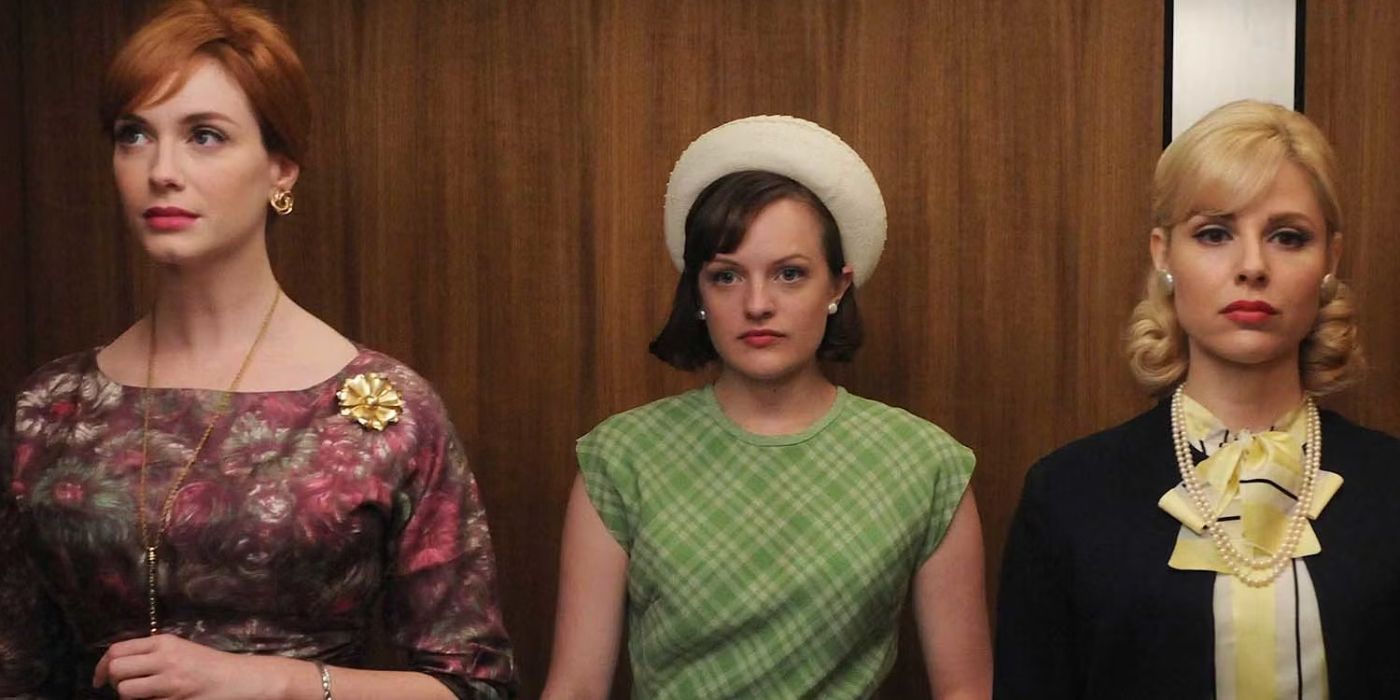 Joan (Christina Hendricks), Peggy Olson (Elizabeth Moss), and Faye Miller (Cara Buono) stand in an elevator together in 'Mad Men' Season 4, Episode 9 "The Beautiful Girls" (2010).