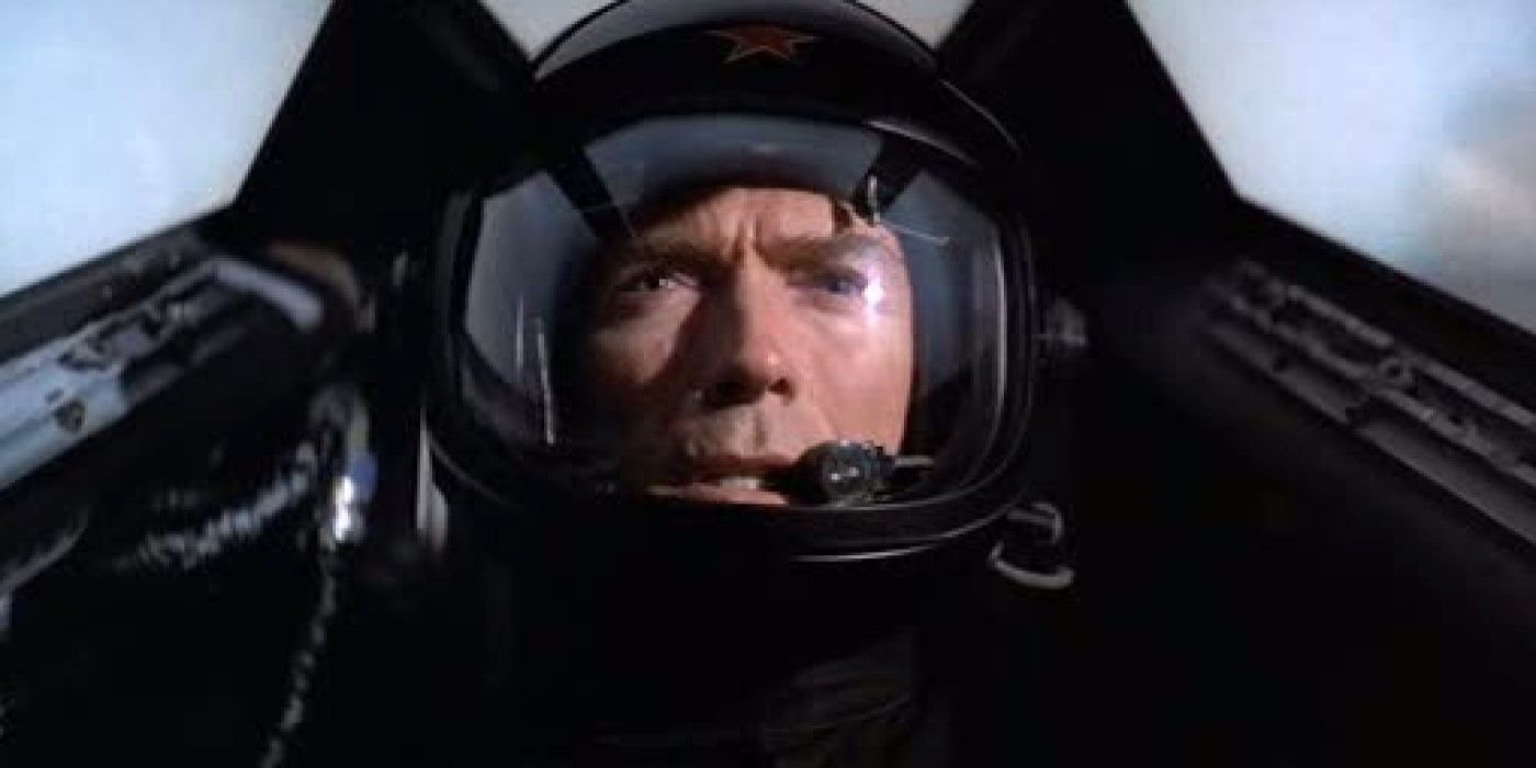 A close-up of Major Mitchell Gant (Clint Eastwood) in the cockpit of the Soviet fighter jet "Firefox" in 'Firefox'