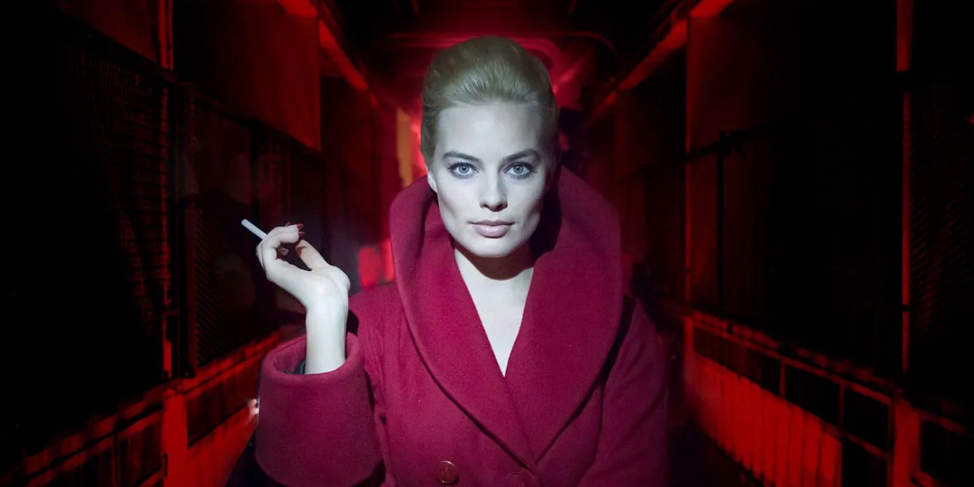 Margot Robbie as Annie in 'Terminal' standing in a tunnel dressed in a red coat
