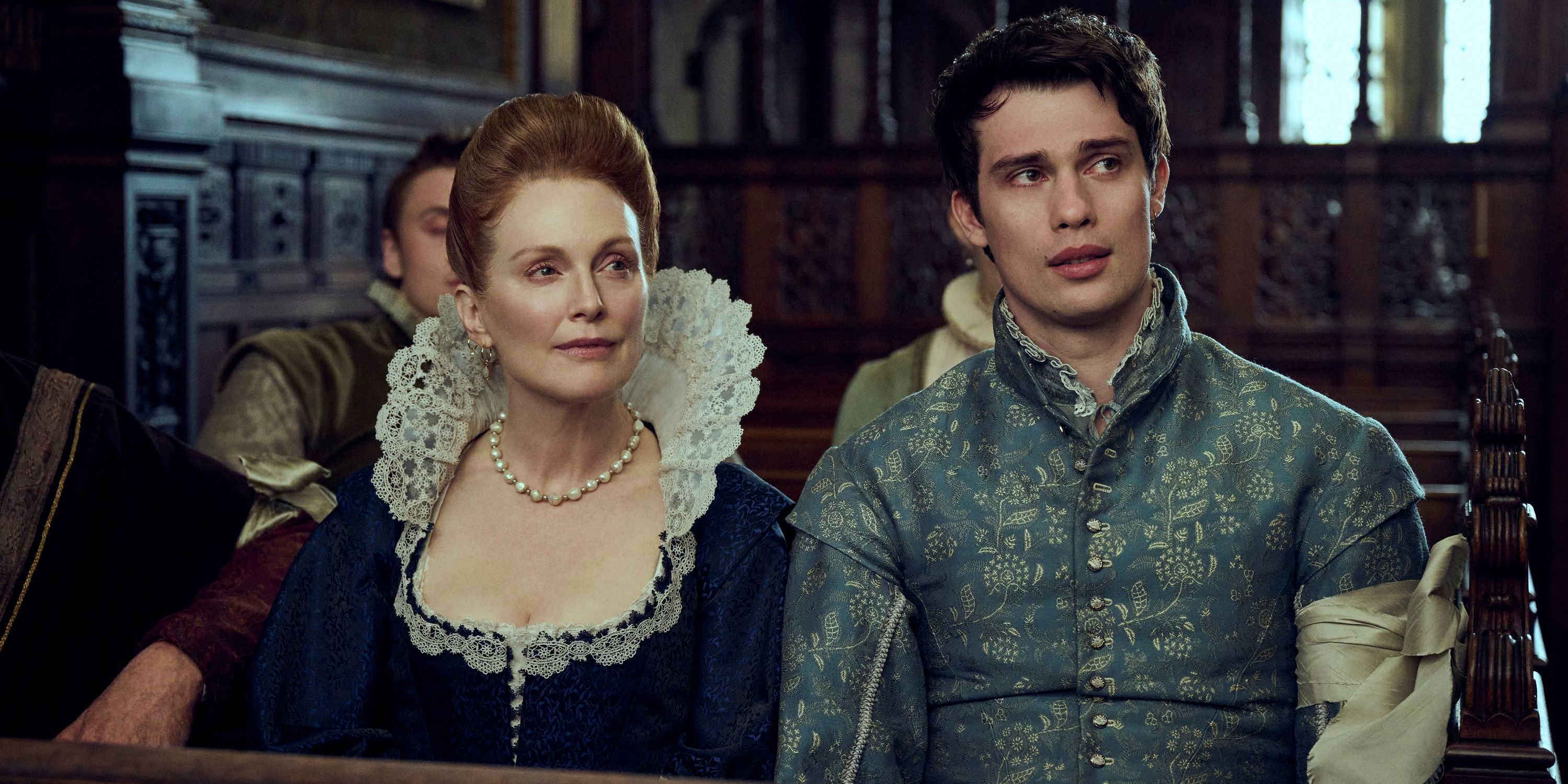 George Villiers sitting next to his mother in Episode 4 of Starz's Mary & George