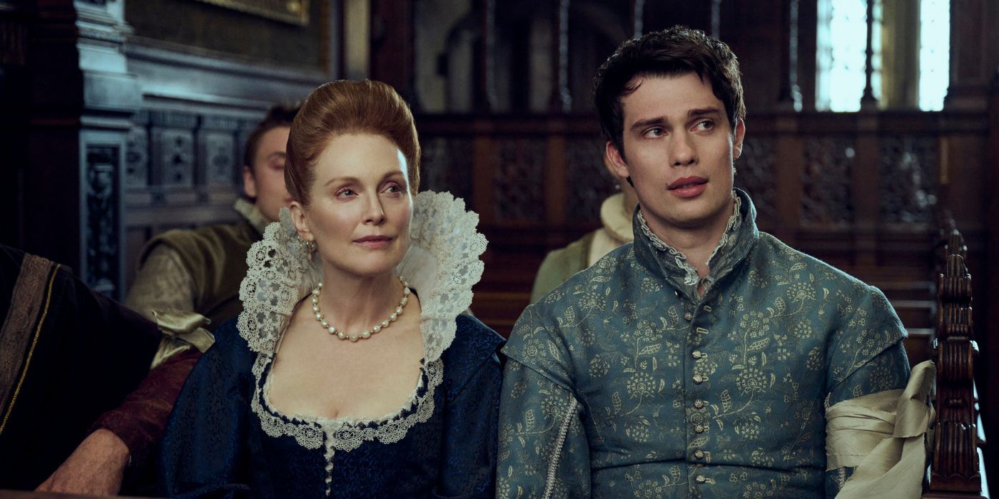Julianne Moore as Mary Villiers and Nicholas Galitzine as George Villiers sitting in the pews.