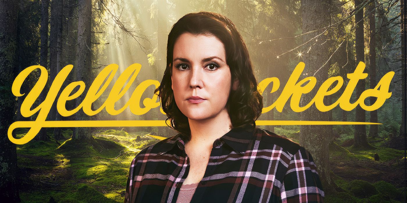 Melanie Lynskey in front of the word Yellowjackets 