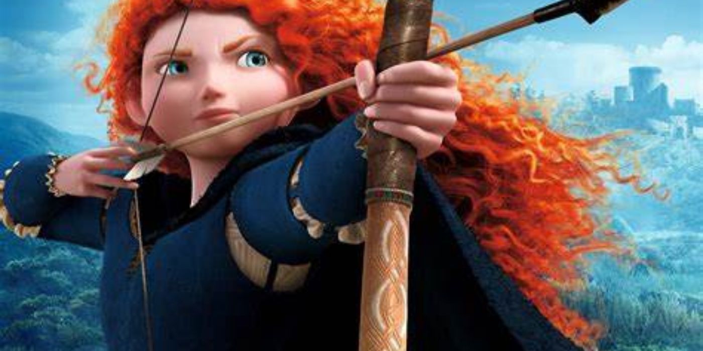 merida stands with her bow drawn against a mountain landscape