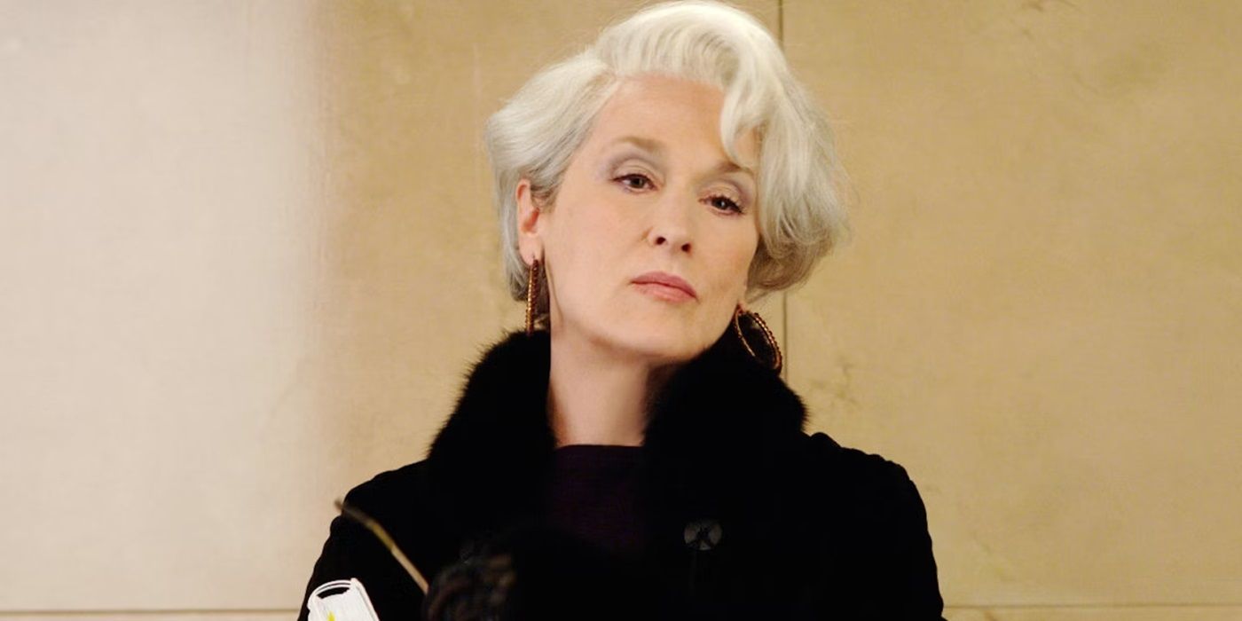 Meryl Streep as Miranda Priestly staring in the distance in The Devil Wears Prada