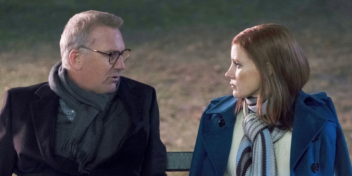 Kevin Costner as Larry and Jessica Chastain as Molly Bloom sitting on a bench in Molly's Game