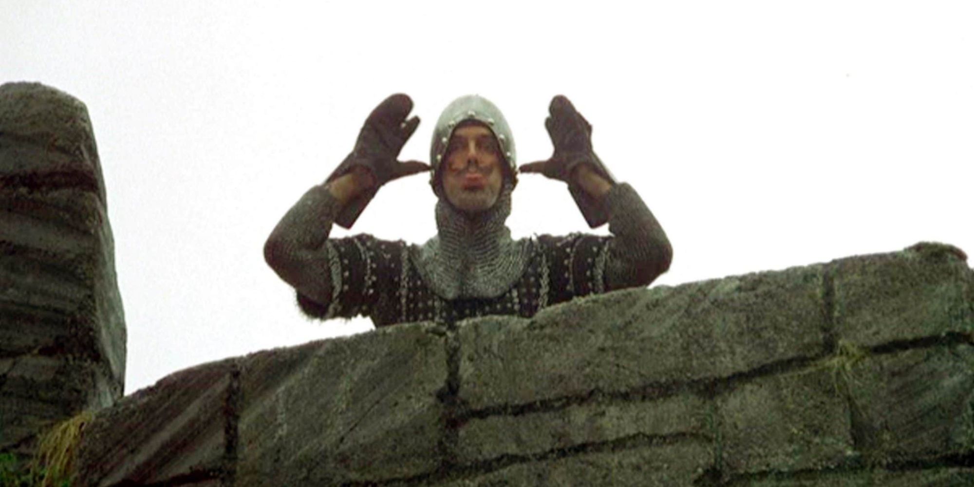 A soldier making funny faces from the top of a castle in Monty Python and the Holy Grail - 1975