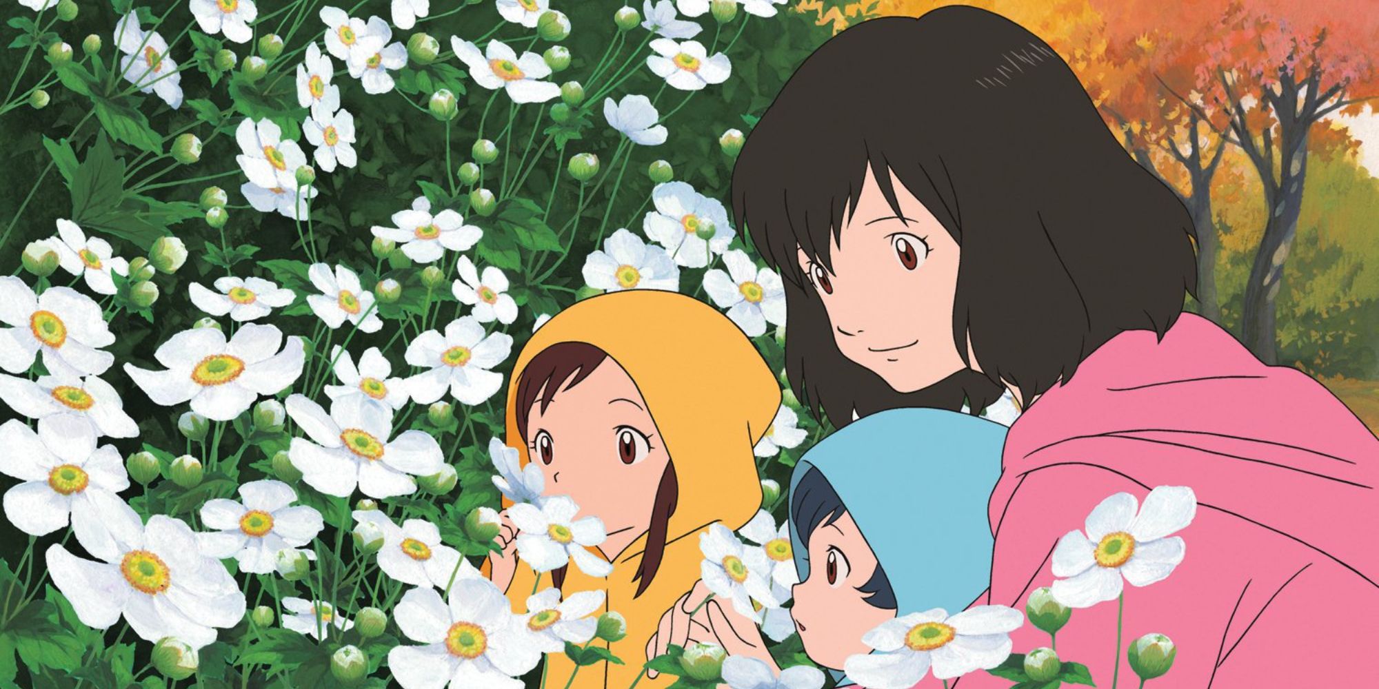 Mother and kids smelling the flowers in Wolf Children (2012)