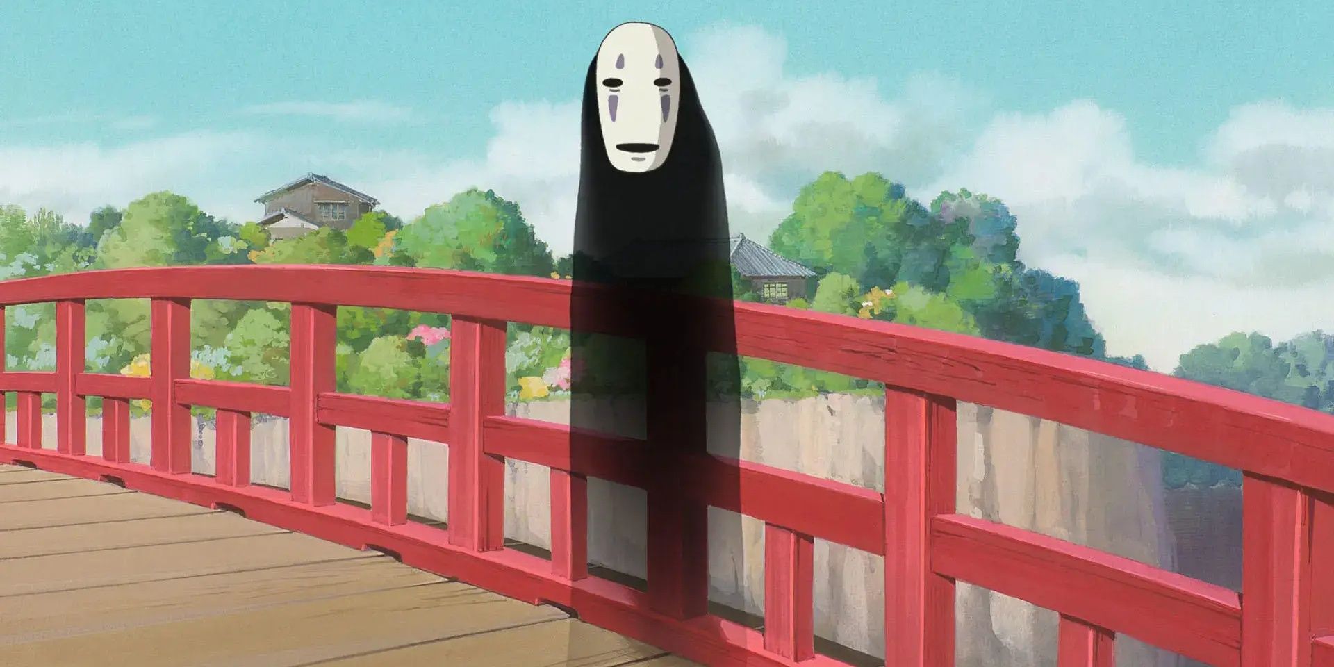 No Face Stands Translucent on the bathhouse bridge in Spirited-Away