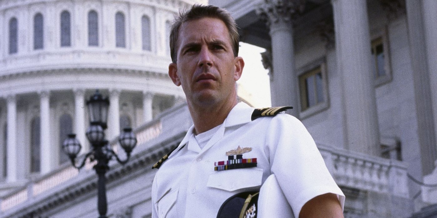 Kevin Costner as Tom Farrell looking stern in his uniform in No Way Out 